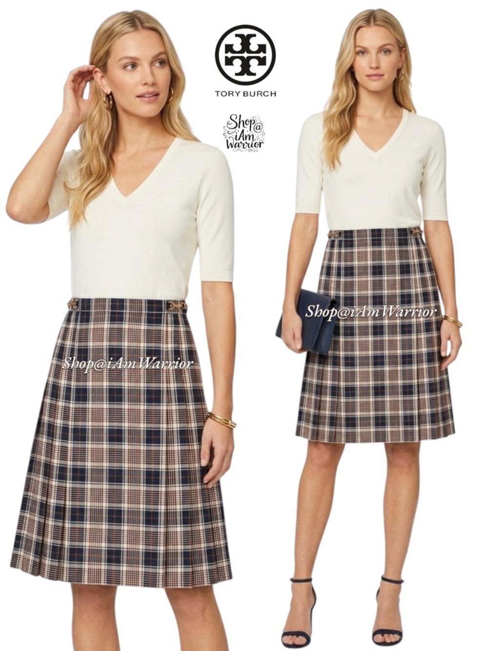 Tory Burch pleated navy, ivory & burgundy plaid skirt shop@iamwarrior